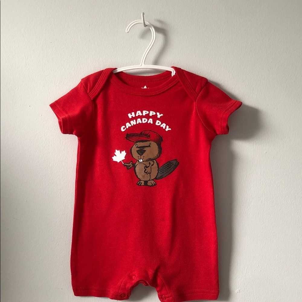 Red Canada Day Baby One-Piece Bodysuit with Beaver Graphic